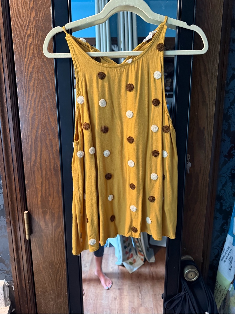 Blu Pepper Mustard Tank Top with Brown and Cream Pom Dots